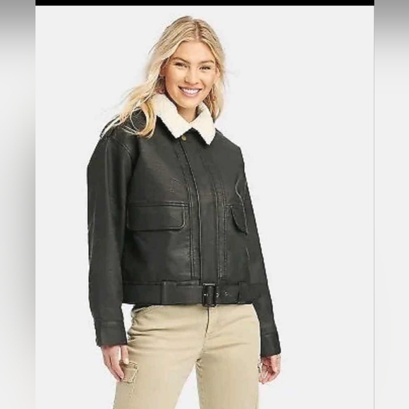 Women's Faux Leather Bomber Jacket Size L - Picture 1 of 2